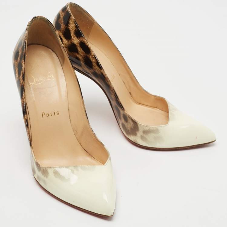 Pre Owned Christian Louboutin Cream/Brown Leopard Print Patent Leather Corneille Pumps Size 37