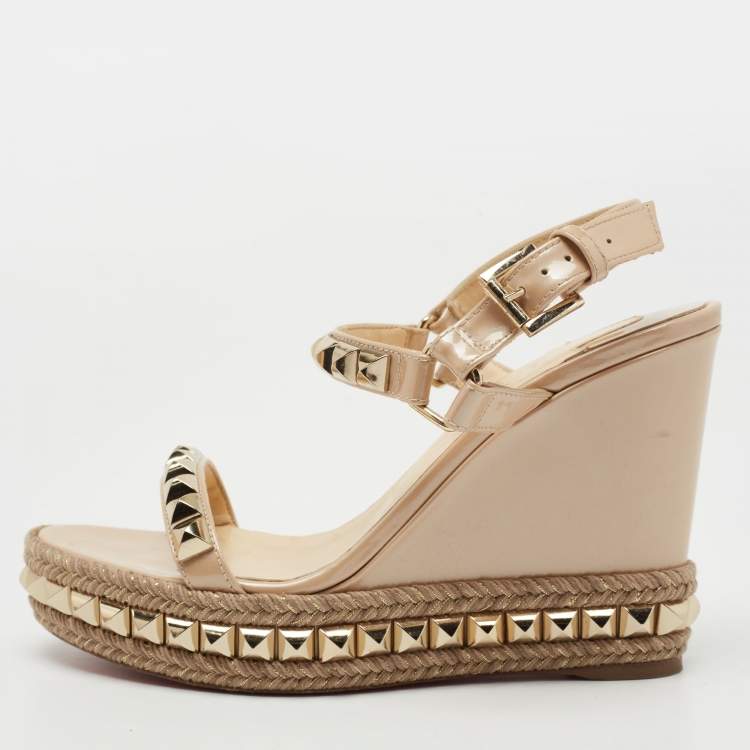 Pre Owned Christian Louboutin Beige Patent Leather Cataclou Wedge Sandals Size 37 