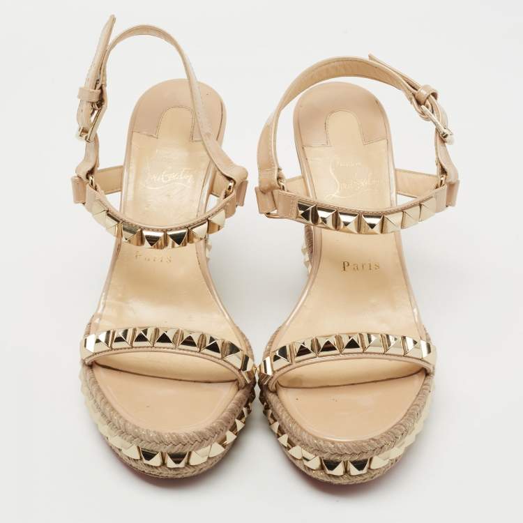 Pre Owned Christian Louboutin Beige Patent Leather Cataclou Wedge Sandals Size 37 