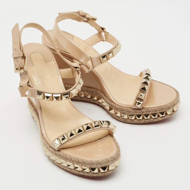 Pre Owned Christian Louboutin Beige Patent Leather Cataclou Wedge Sandals Size 37 