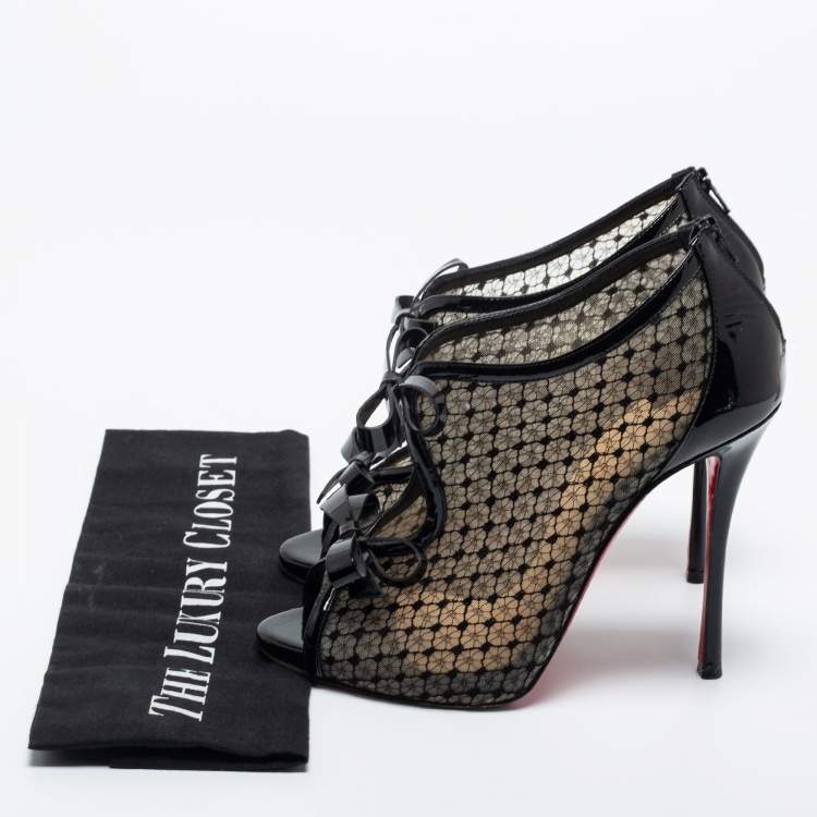 Pre Owned Christian Louboutin Black Patent Leather and Mesh Empiralta Booties Size 37