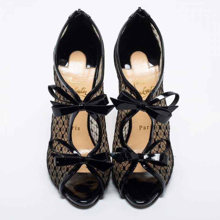 Pre Owned Christian Louboutin Black Patent Leather and Mesh Empiralta Booties Size 37
