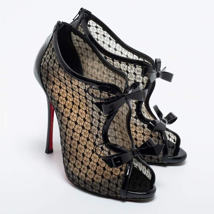Pre Owned Christian Louboutin Black Patent Leather and Mesh Empiralta Booties Size 37