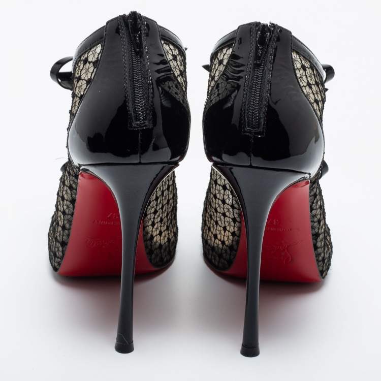 Pre Owned Christian Louboutin Black Patent Leather and Mesh Empiralta Booties Size 37