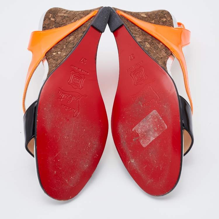 Pre Owned Christian Louboutin Orange/Black Patent Leather Yasmine Slingback Wedge Sandals Size 37