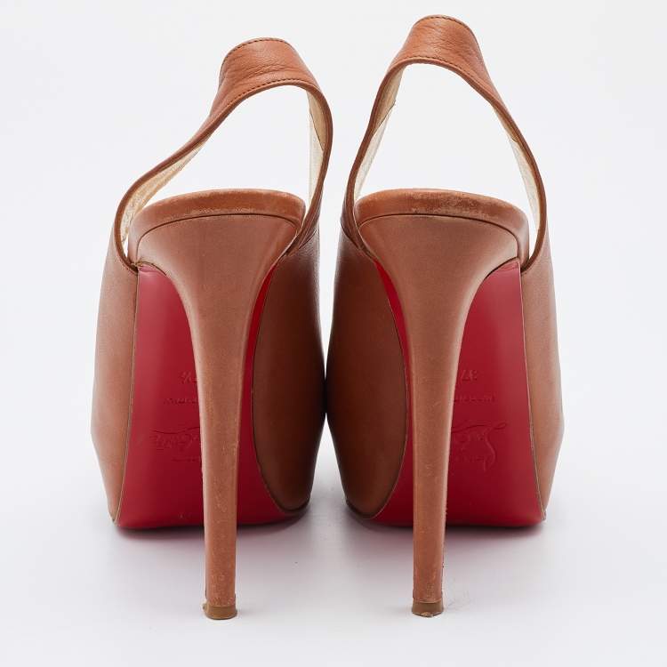Pre Owned Christian Louboutin Brown Leather Slingback Platform Pumps Size 37.5
