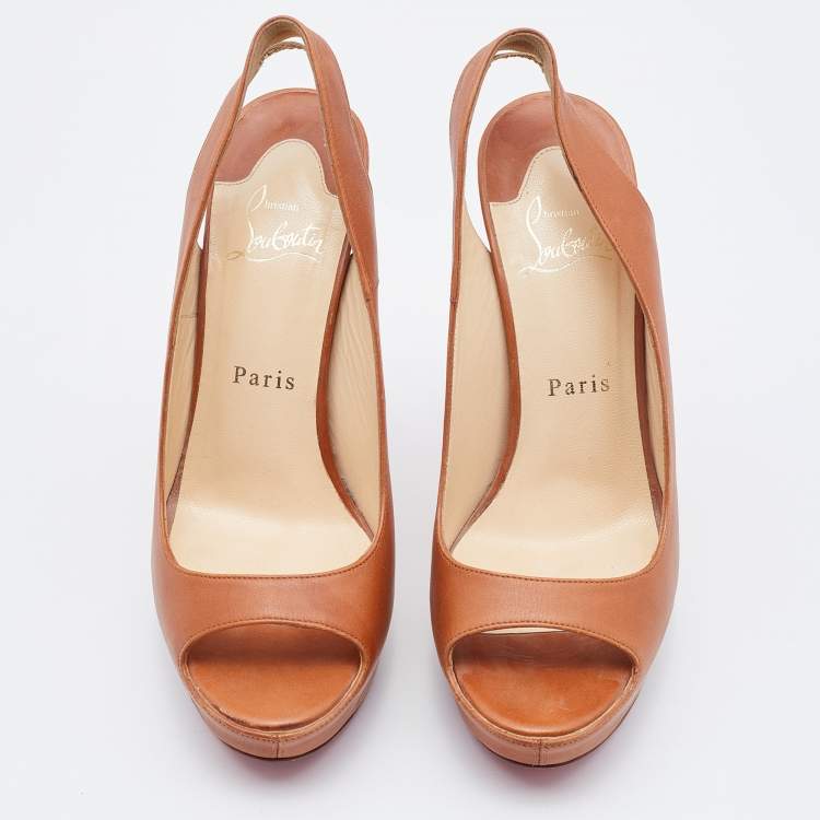 Pre Owned Christian Louboutin Brown Leather Slingback Platform Pumps Size 37.5