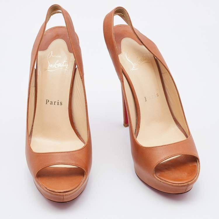 Pre Owned Christian Louboutin Brown Leather Slingback Platform Pumps Size 37.5