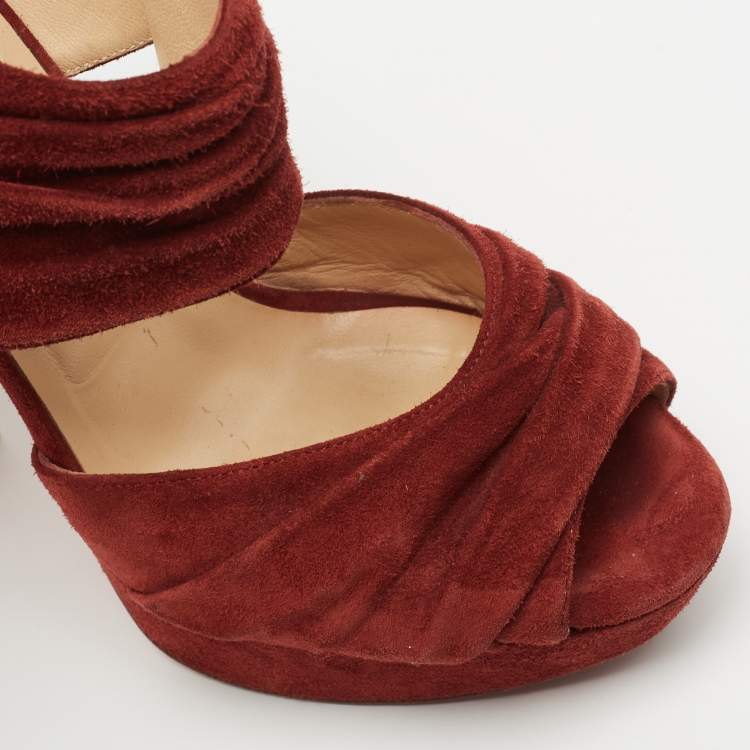 Pre Owned Christian Louboutin Rust Red Suede Pleated Bandra Zip Platform Sandals Size 37