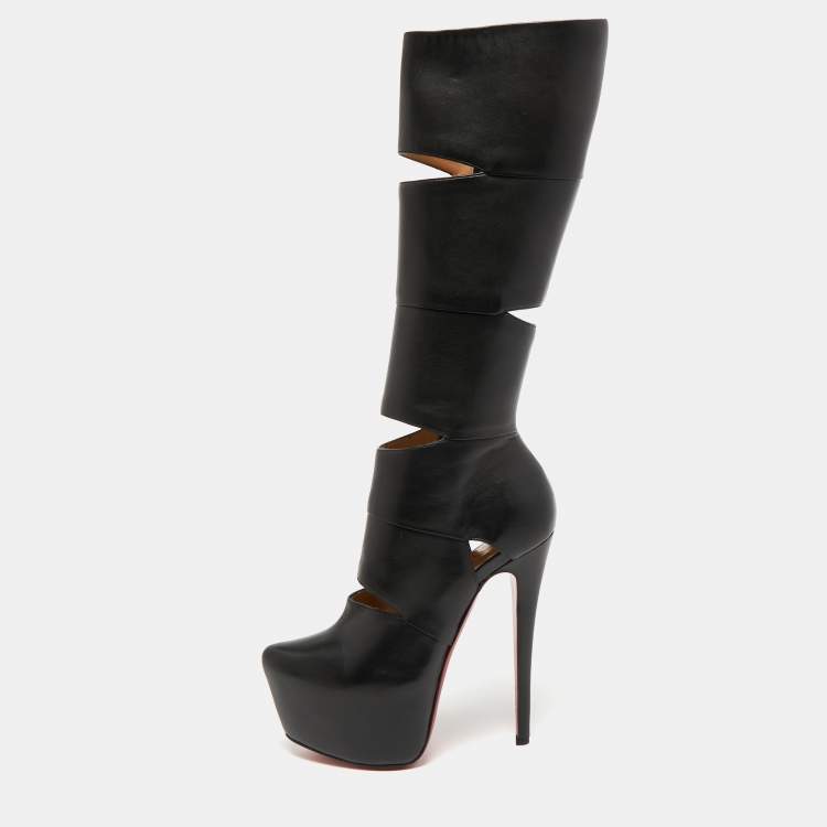 مملوكة مسبقًا Christian Louboutin Black Leather Bandita Platform Knee Length Boots Size 36.5