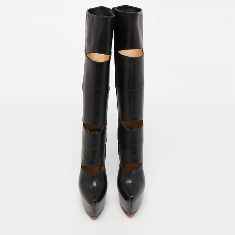 مملوكة مسبقًا Christian Louboutin Black Leather Bandita Platform Knee Length Boots Size 36.5
