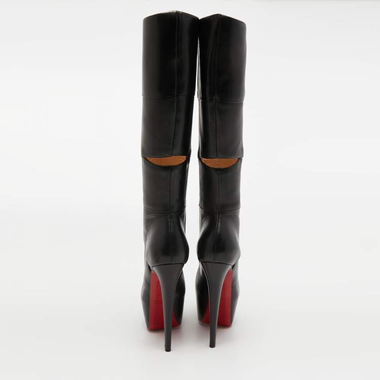 مملوكة مسبقًا Christian Louboutin Black Leather Bandita Platform Knee Length Boots Size 36.5