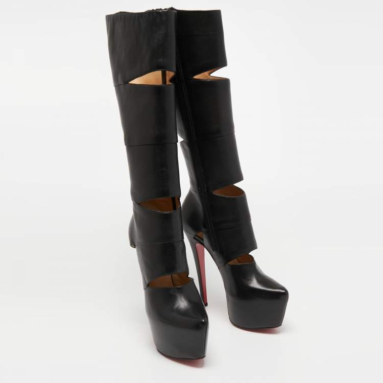 مملوكة مسبقًا Christian Louboutin Black Leather Bandita Platform Knee Length Boots Size 36.5