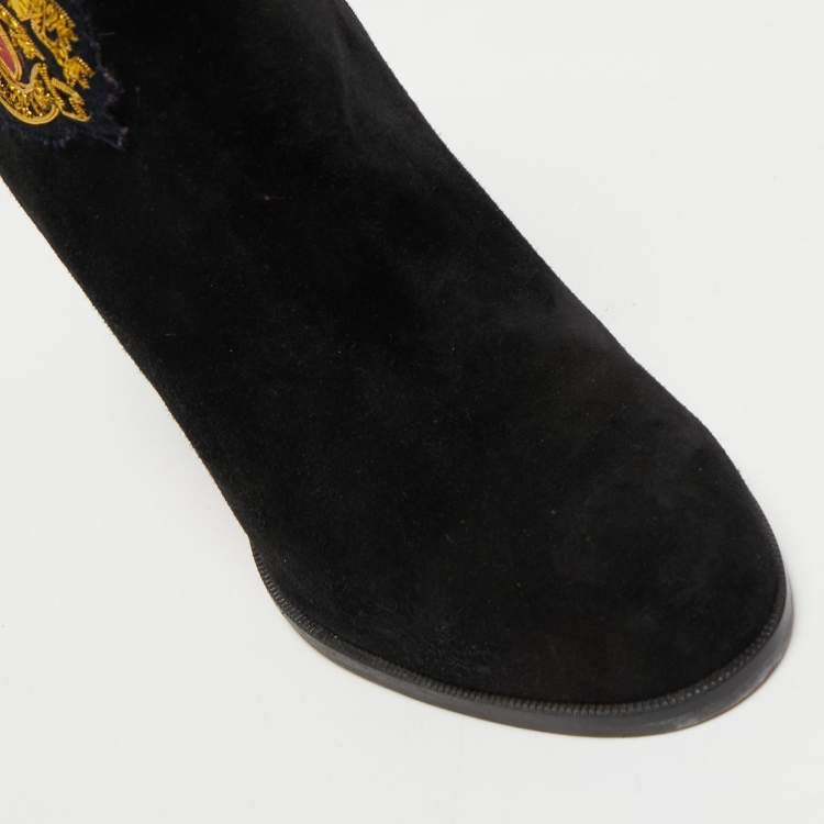 Pre Owned Christian Louboutin Black Suede Embroidered Patch Ankle Boots Size 38.5