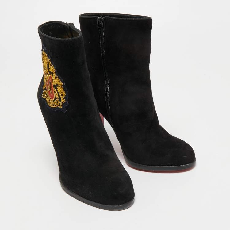 Pre Owned Christian Louboutin Black Suede Embroidered Patch Ankle Boots Size 38.5