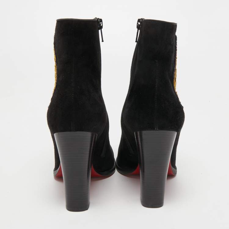 Pre Owned Christian Louboutin Black Suede Embroidered Patch Ankle Boots Size 38.5