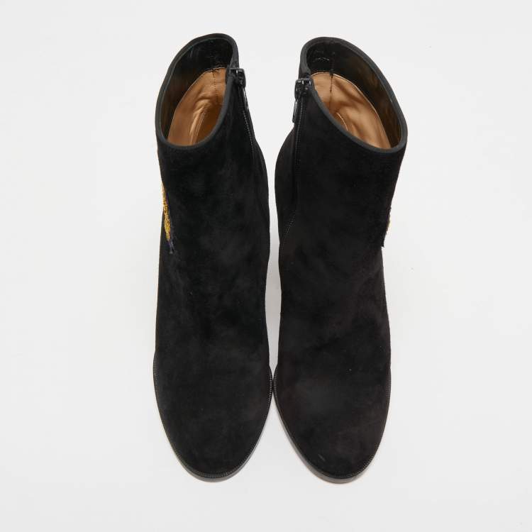 Pre Owned Christian Louboutin Black Suede Embroidered Patch Ankle Boots Size 38.5