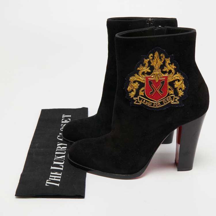 Pre Owned Christian Louboutin Black Suede Embroidered Patch Ankle Boots Size 38.5