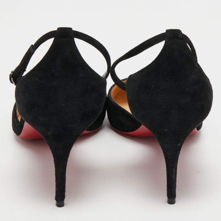 Pre Owned Christian Louboutin Black Suede Round Toe Ankle Strap Pumps Size 39.5