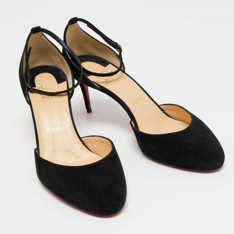 Pre Owned Christian Louboutin Black Suede Round Toe Ankle Strap Pumps Size 39.5