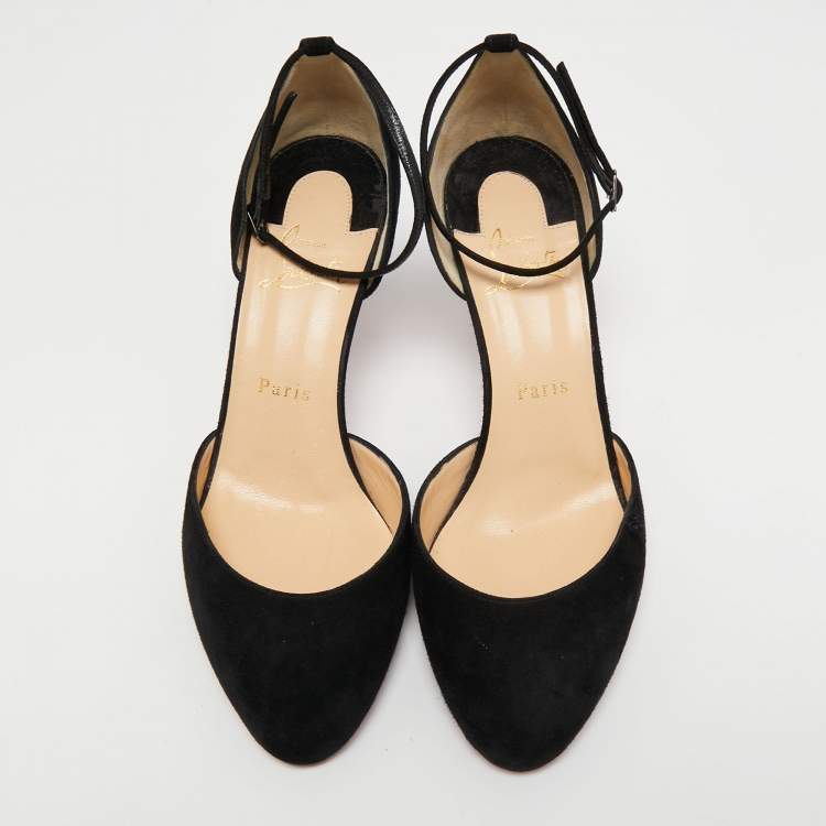 Pre Owned Christian Louboutin Black Suede Round Toe Ankle Strap Pumps Size 39.5