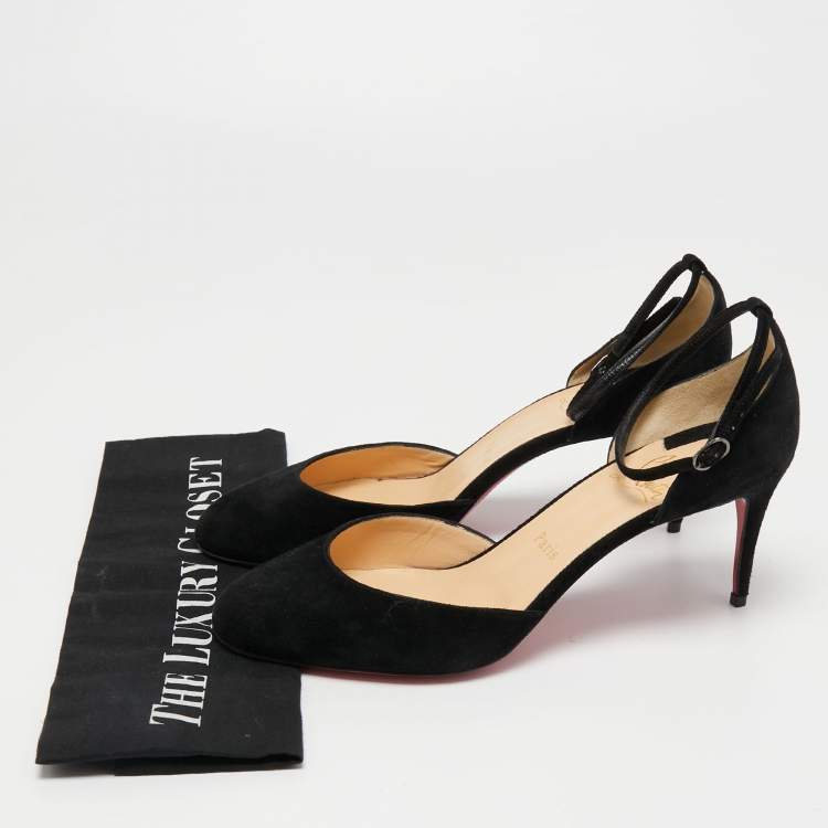Pre Owned Christian Louboutin Black Suede Round Toe Ankle Strap Pumps Size 39.5