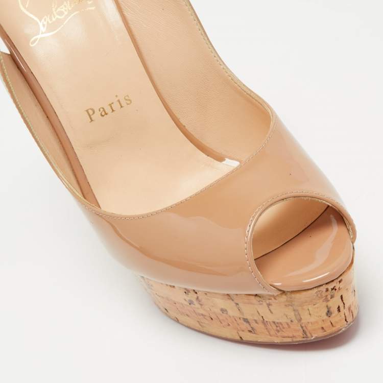 Pre Owned Christian Louboutin Beige Patent Leather Peep Toe Ankle Strap Wedge Sandals Size 40.5