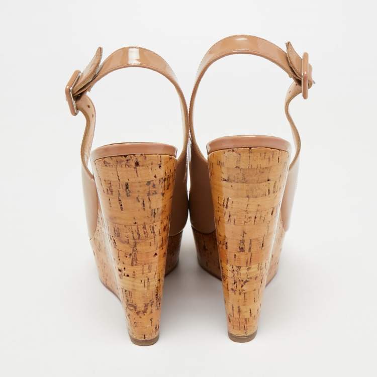 Pre Owned Christian Louboutin Beige Patent Leather Peep Toe Ankle Strap Wedge Sandals Size 40.5