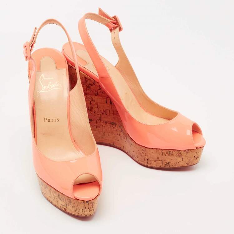 Pre Owned Christian Louboutin Peach Patent Leather Une Plume Wedge Sandals Size 40.5