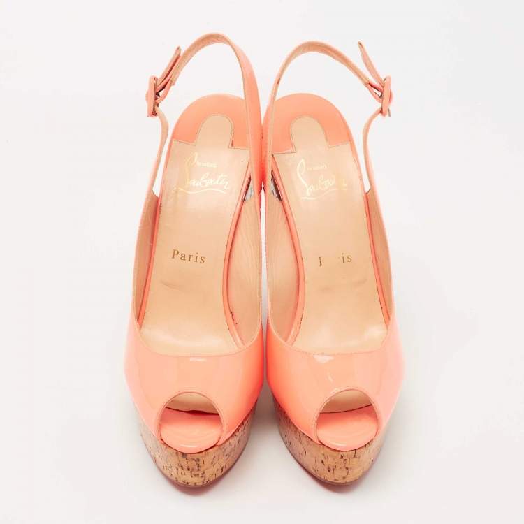 Pre Owned Christian Louboutin Peach Patent Leather Une Plume Wedge Sandals Size 40.5