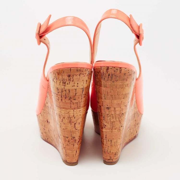 Pre Owned Christian Louboutin Peach Patent Leather Une Plume Wedge Sandals Size 40.5