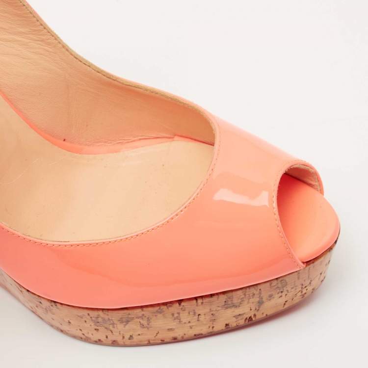 Pre Owned Christian Louboutin Peach Patent Leather Une Plume Wedge Sandals Size 40.5