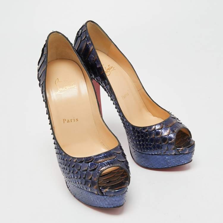 Pre Owned Christian Louboutin Metallic Blue Python Lady Peep Toe Pumps Size 37