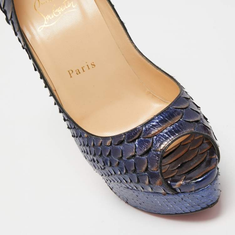 Pre Owned Christian Louboutin Metallic Blue Python Lady Peep Toe Pumps Size 37
