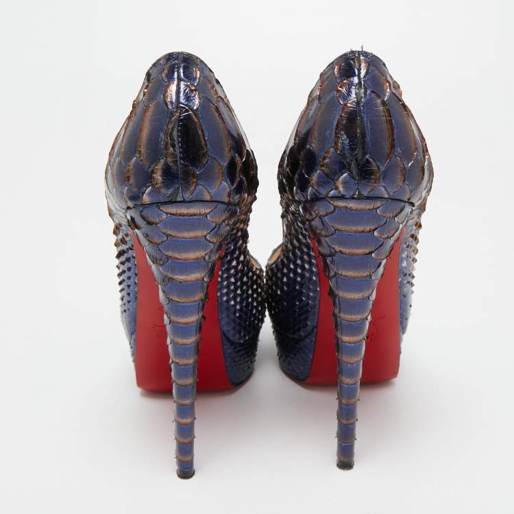 Pre Owned Christian Louboutin Metallic Blue Python Lady Peep Toe Pumps Size 37