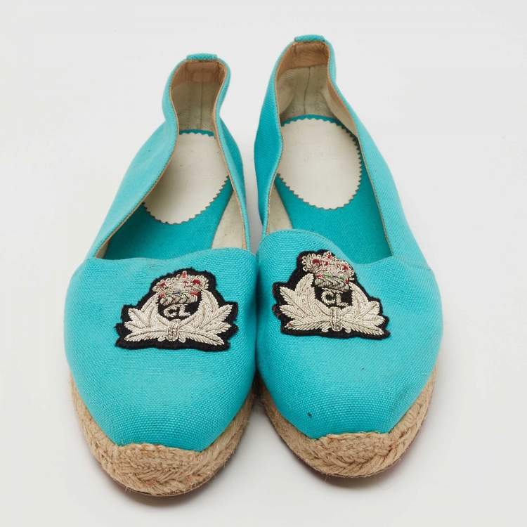 Pre Owned Christian Louboutin Aqua Blue Canvas Gala Embroidered Crest Espadrille Flats Size 40