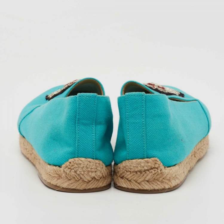 Pre Owned Christian Louboutin Aqua Blue Canvas Gala Embroidered Crest Espadrille Flats Size 40