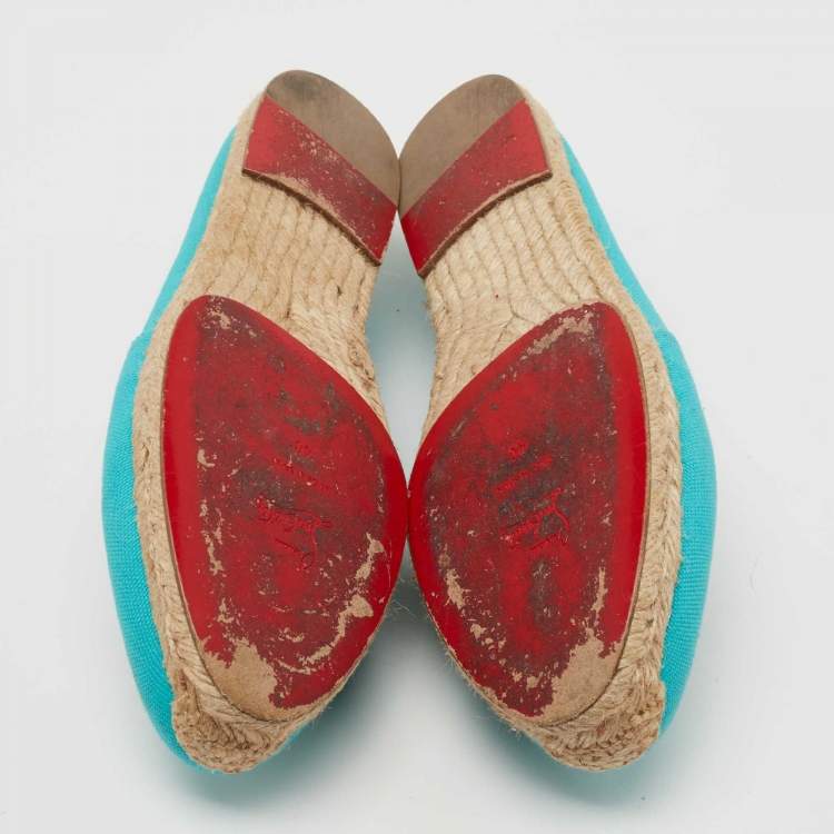 Pre Owned Christian Louboutin Aqua Blue Canvas Gala Embroidered Crest Espadrille Flats Size 40