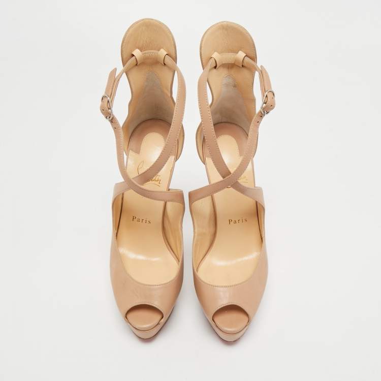 Pre Owned Christian Louboutin Beige Leather Marlenalta Platform Sandals Size 37.5