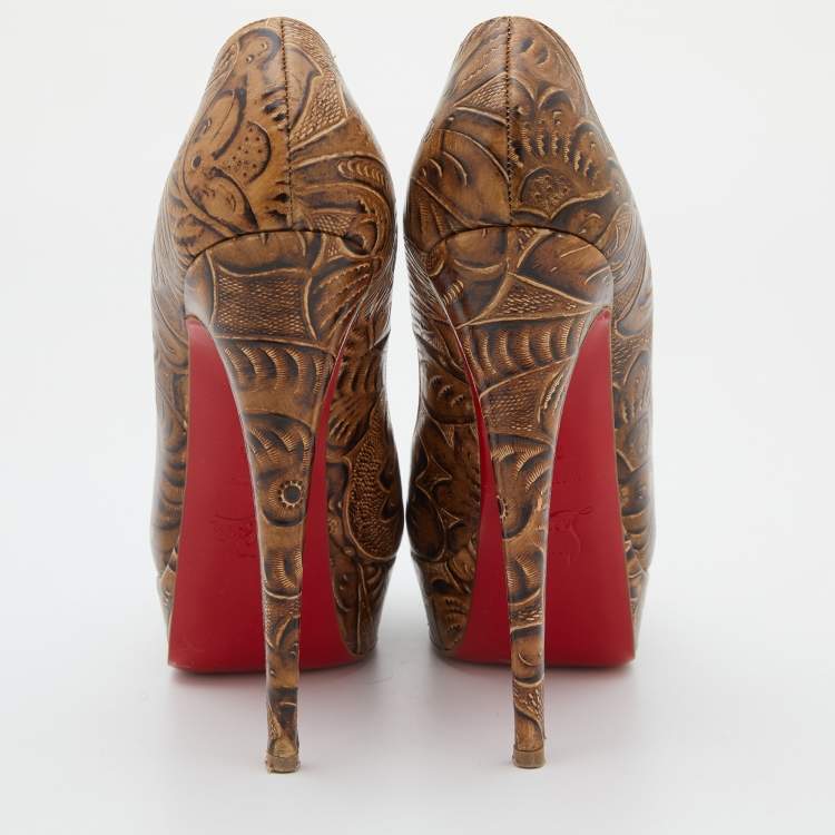 Pre Owned Christian Louboutin Brown Santa Fe Leather Lady Peep Toe Platform Pumps Size 38.5
