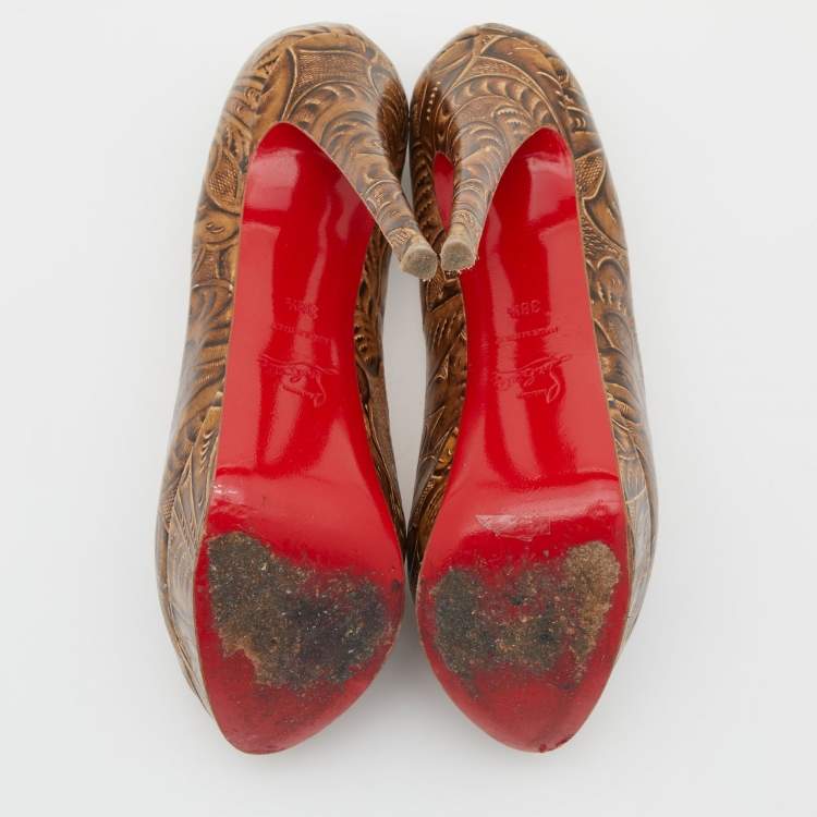Pre Owned Christian Louboutin Brown Santa Fe Leather Lady Peep Toe Platform Pumps Size 38.5