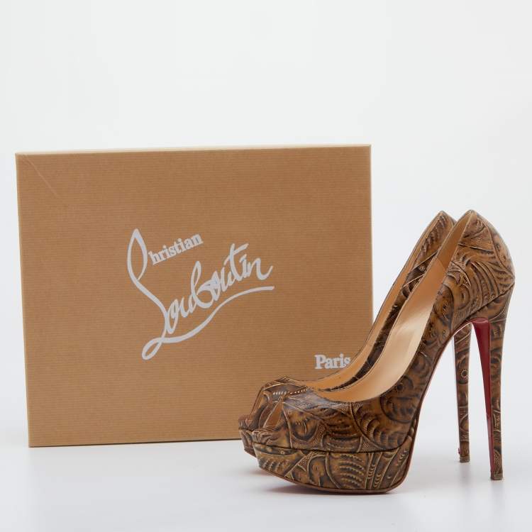 Pre Owned Christian Louboutin Brown Santa Fe Leather Lady Peep Toe Platform Pumps Size 38.5