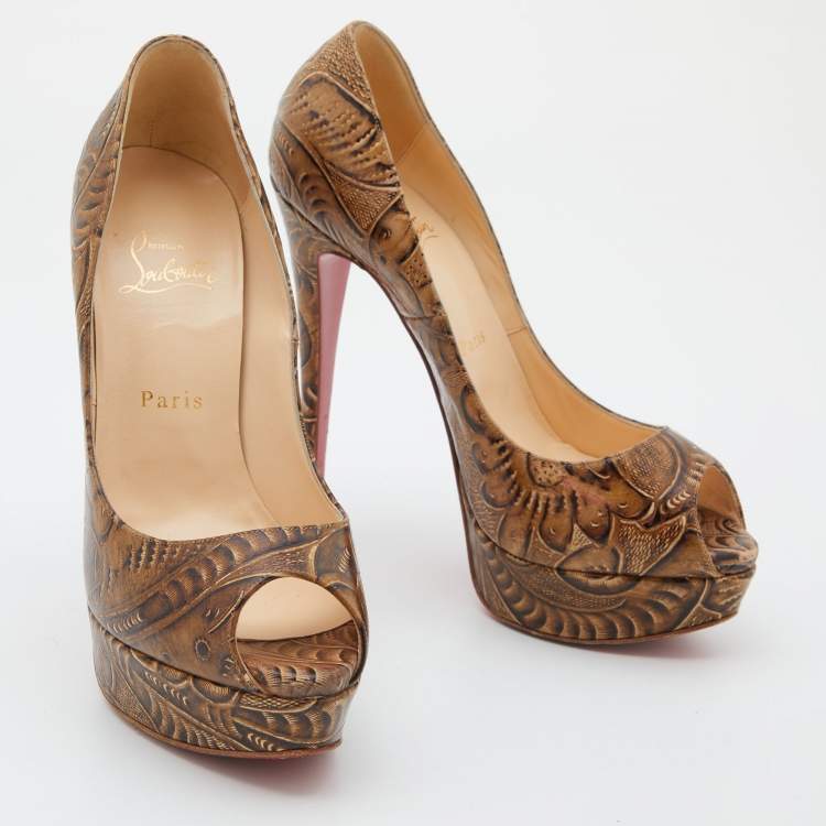 Pre Owned Christian Louboutin Brown Santa Fe Leather Lady Peep Toe Platform Pumps Size 38.5