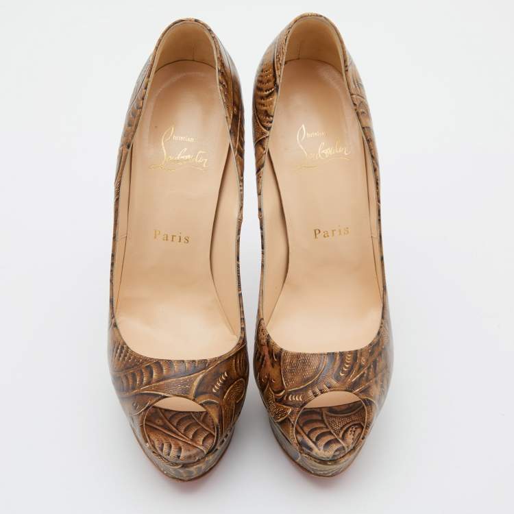 Pre Owned Christian Louboutin Brown Santa Fe Leather Lady Peep Toe Platform Pumps Size 38.5
