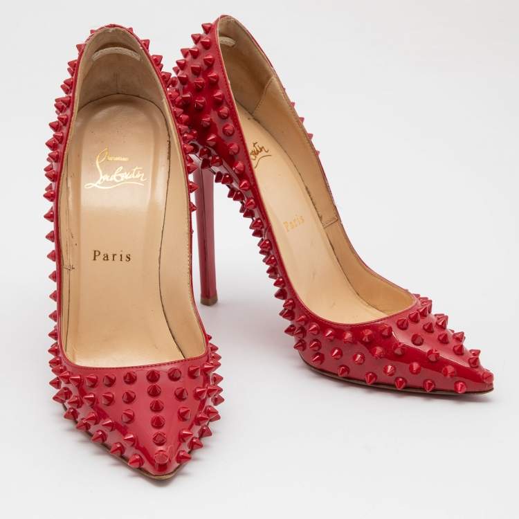 Pre Owned Christian Louboutin Red Patent Leather Pigalle Spike Pumps Size 37.5