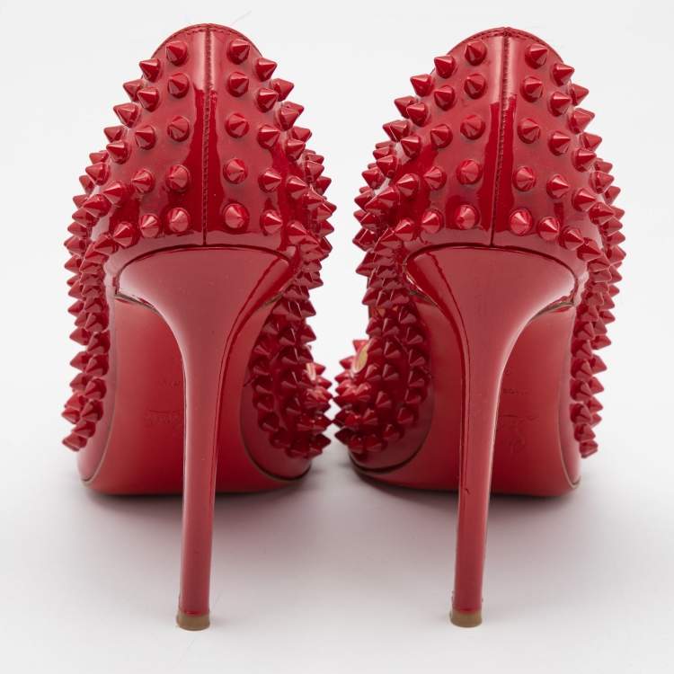 Pre Owned Christian Louboutin Red Patent Leather Pigalle Spike Pumps Size 37.5