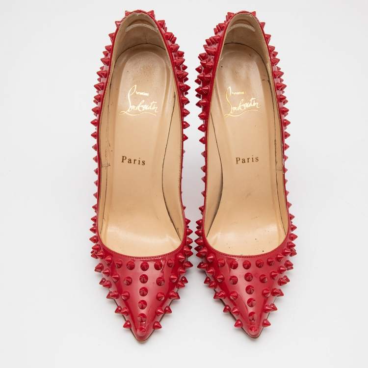 Pre Owned Christian Louboutin Red Patent Leather Pigalle Spike Pumps Size 37.5