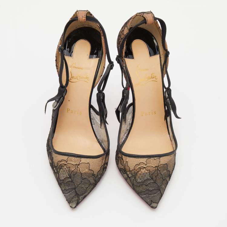 Pre Owned Christian Louboutin Black Lace and Satin Hot Jeanbi Pumps Size 38.5