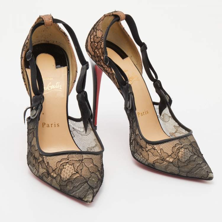 Pre Owned Christian Louboutin Black Lace and Satin Hot Jeanbi Pumps Size 38.5