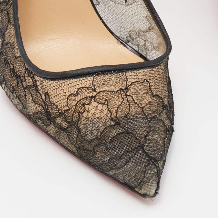 Pre Owned Christian Louboutin Black Lace and Satin Hot Jeanbi Pumps Size 38.5